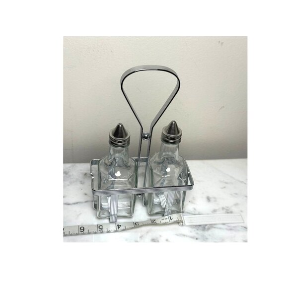 Vintage Oil & Vinegar Cruet Set with Metal Rack Glass Bottles Mid-Century Modern - Picture 6 of 7